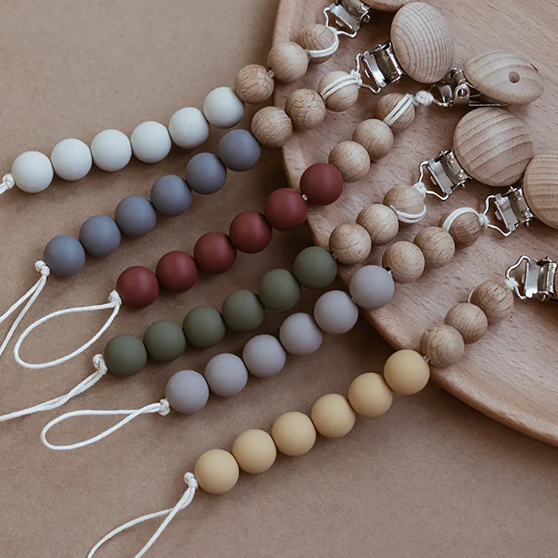 Baby Silicone beads Wooden Clips Gold Teether Drop Prevention Handmade Dummy Chains Pacifier