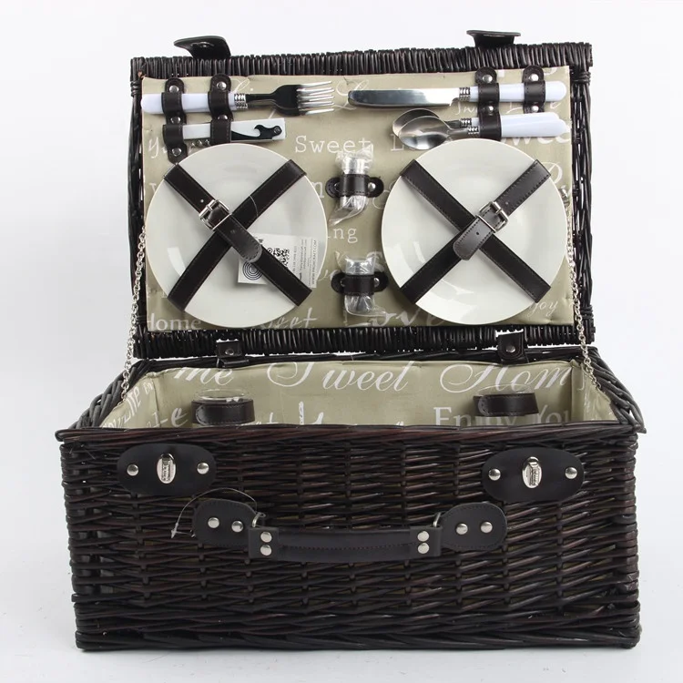 Hand-woven  willow picnic basket set wicker basket for outside food