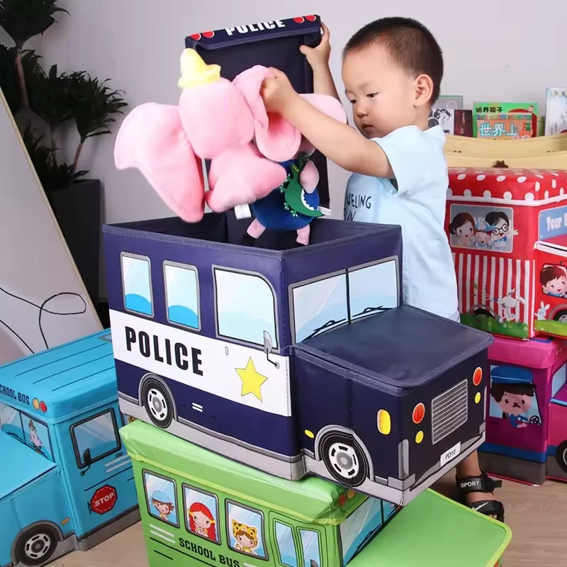 Cartoon Car  Non-woven Storage Box Folding Ottoman Of Kids School Bus Storage Stool