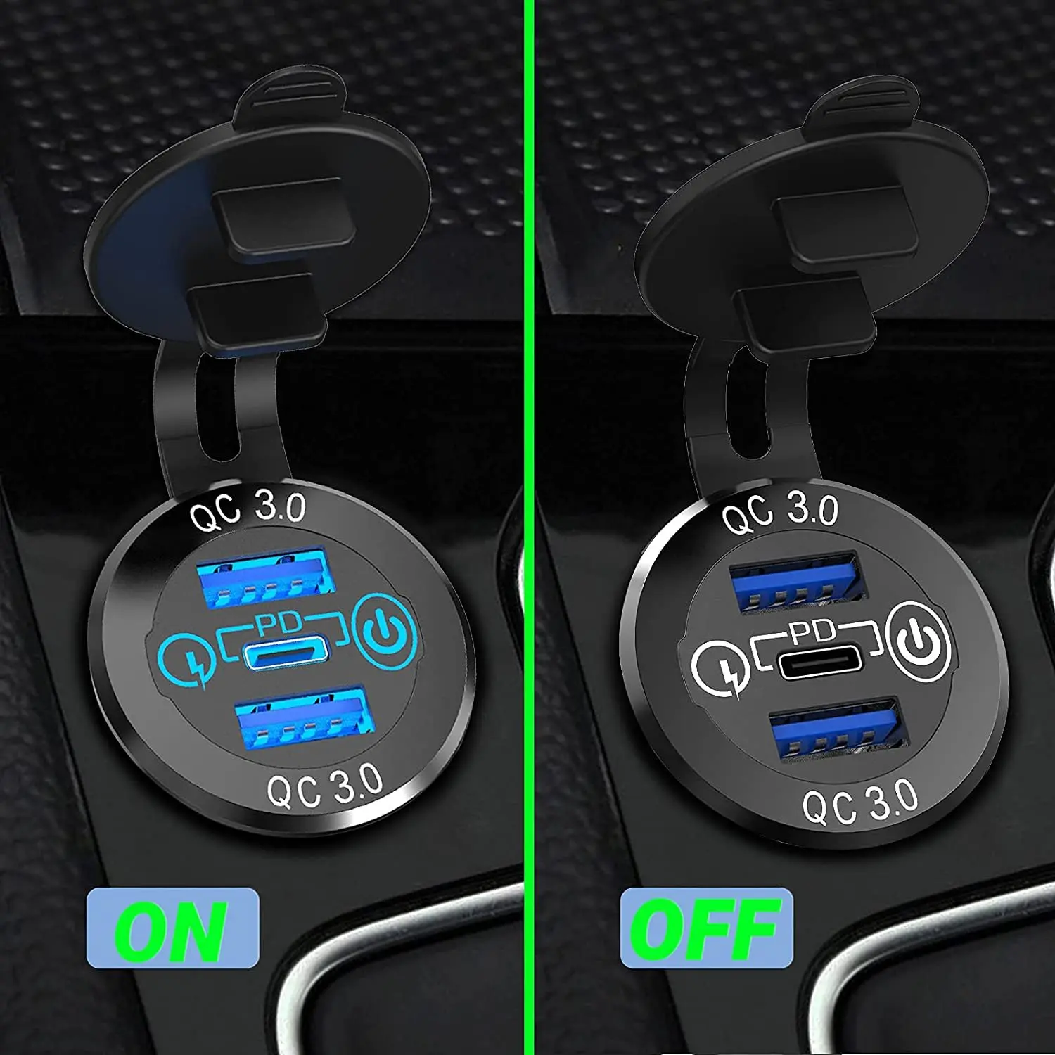 Car USB Charger Socket 12V-24V USB-C Dual QC3.0 PD Ports with Power Switch Fast Car Charger Socket for Car Marine RV Motorhome