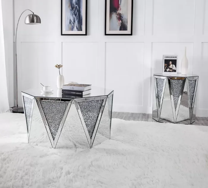 Новое поступление к требованиям заказчика; Сверкающие; Зеркало журнальный столик из измельченной бриллиантовой вставка с 4 отделениями столиков для дома отеля 