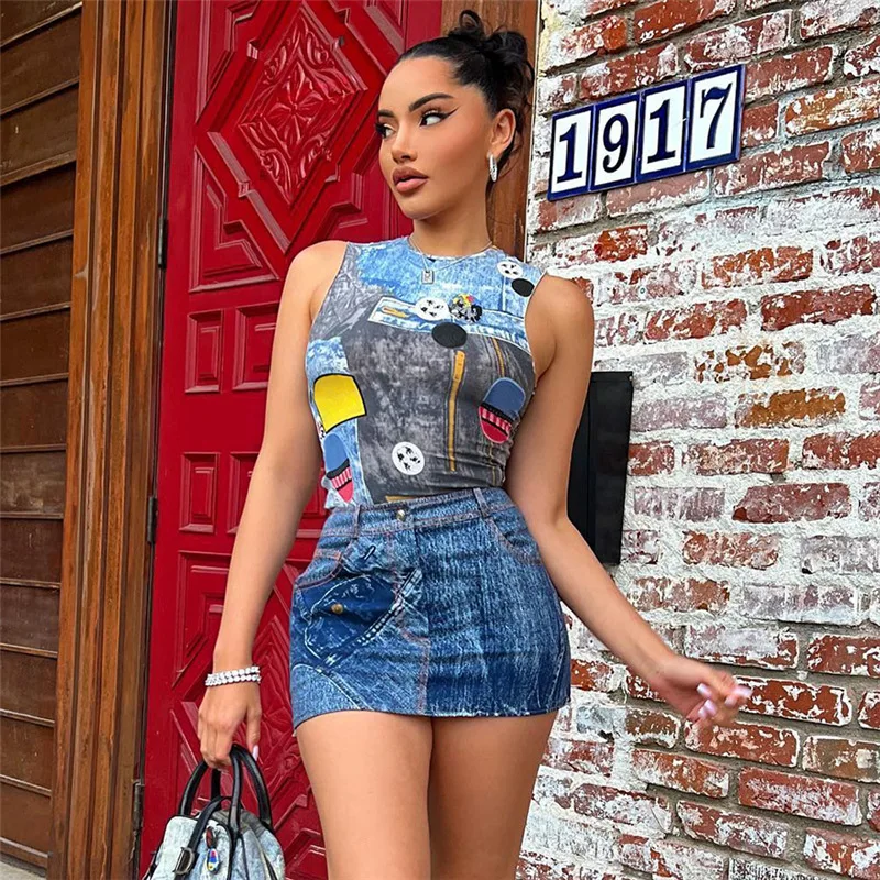 2022 Street Fashion Denim Printing Tank Top Two Piece Skirt Set Summer Outfit Casual Matching Women Sets