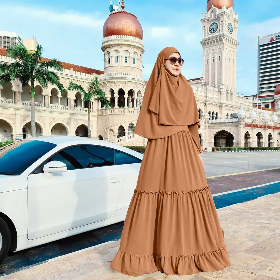 Arab Women Dubai Kaftan Turkish Long crew neck Dress Hijab Islamic Abaya  Clothing Muslim Maxi Prayer Dresses For Young Girl