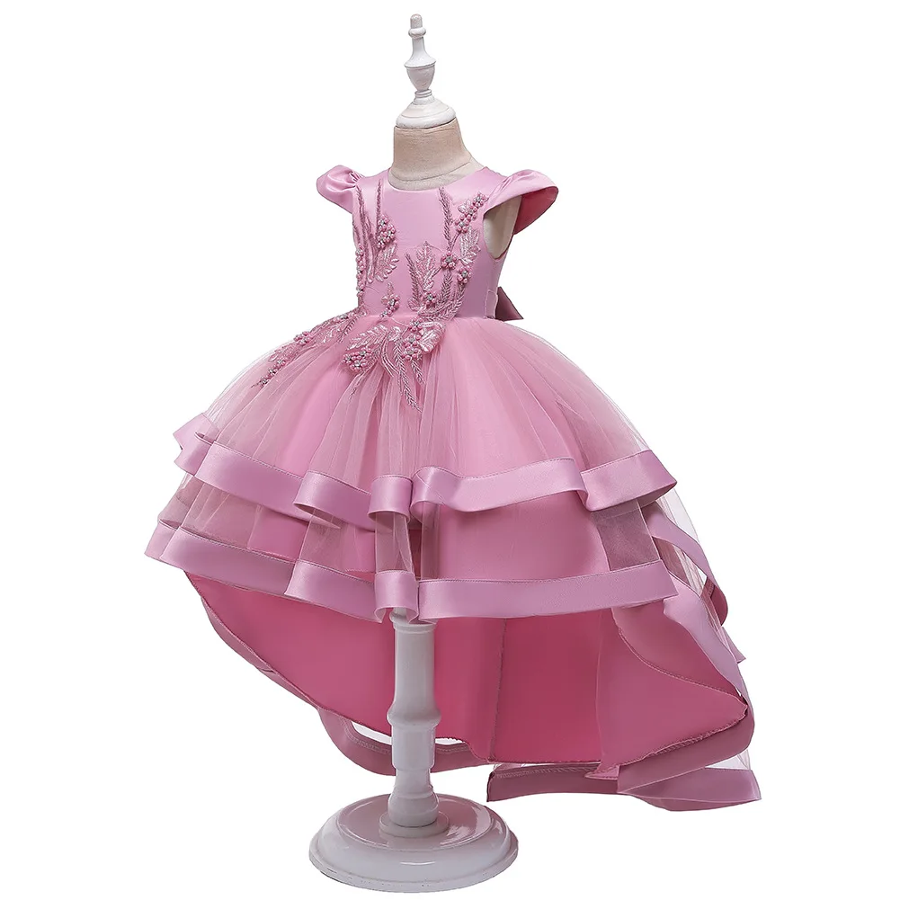 High Quality Long Tail Girl Wedding Gown Exquisite Flower Girl Dress For Party Pink Kid Birthday Dress For Kids 8 Years Old