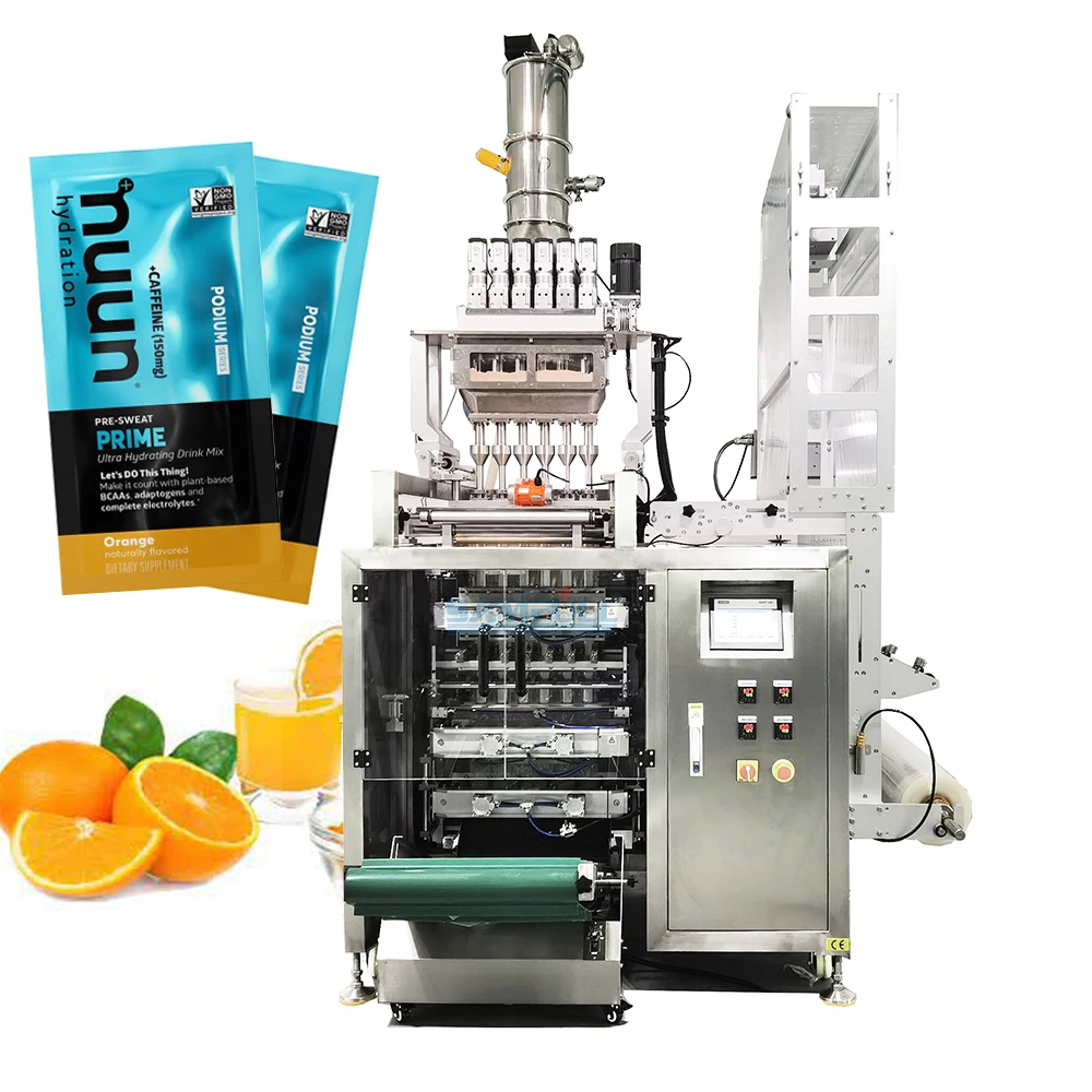 Automatic vffs 4 side seal sachet pack machine for electrolytes powder 6 lane vertical packing machine for hydrating drink mix