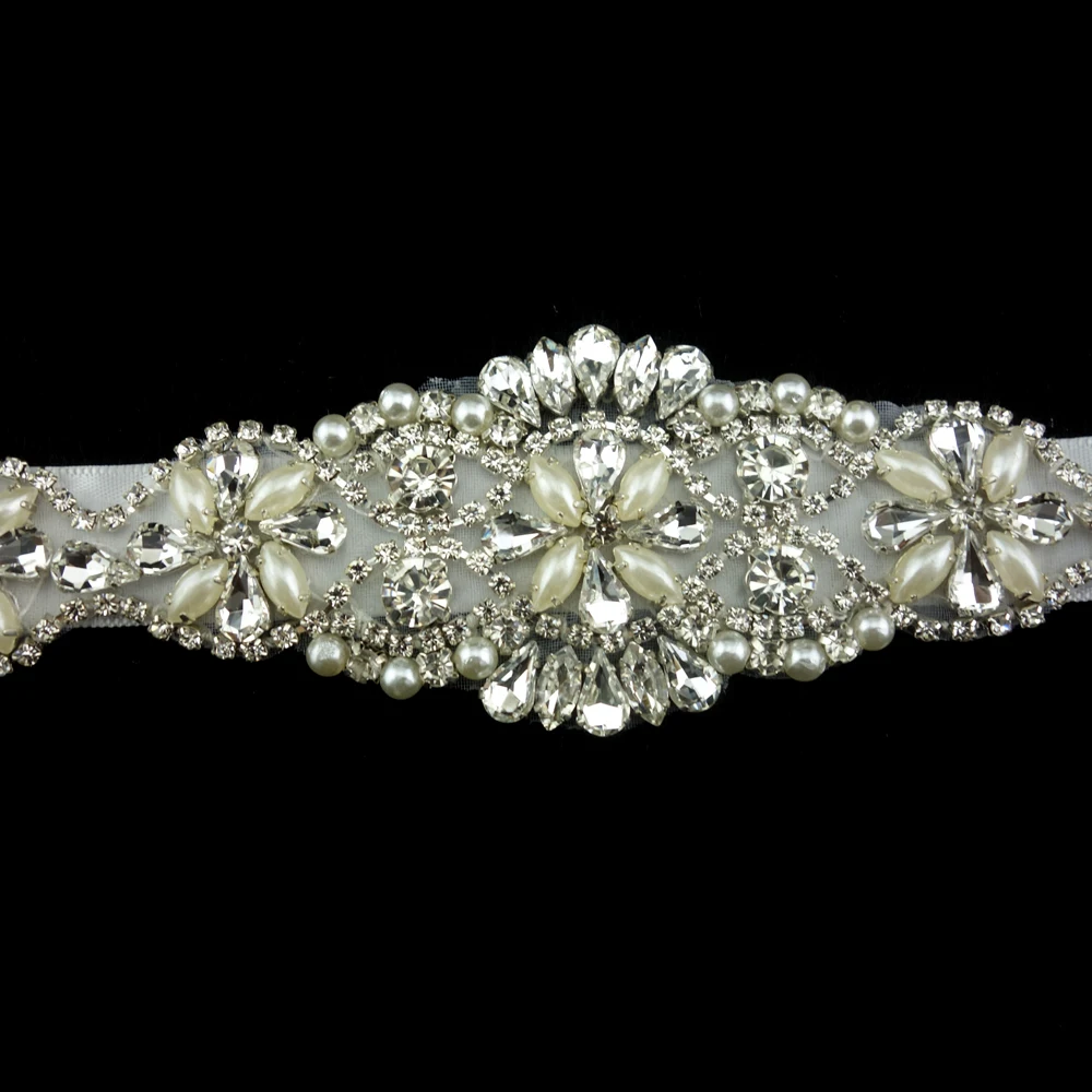Romantic white pearl and crystal wedding dress sash belt rhinestone trims for women evening dress wedding party