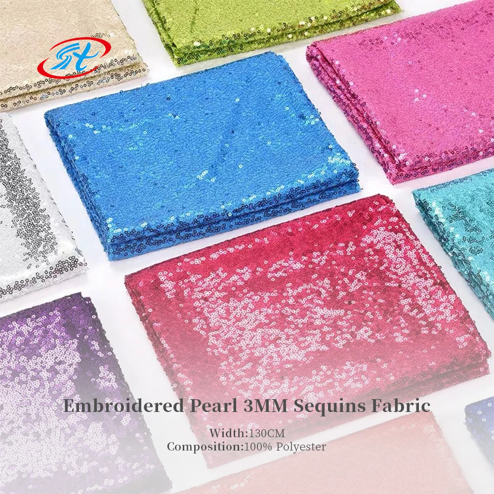 100% polyester 3mm sequins embroidered fabric pearl sparkle fabric 3D embroidery holographic sequin fabric