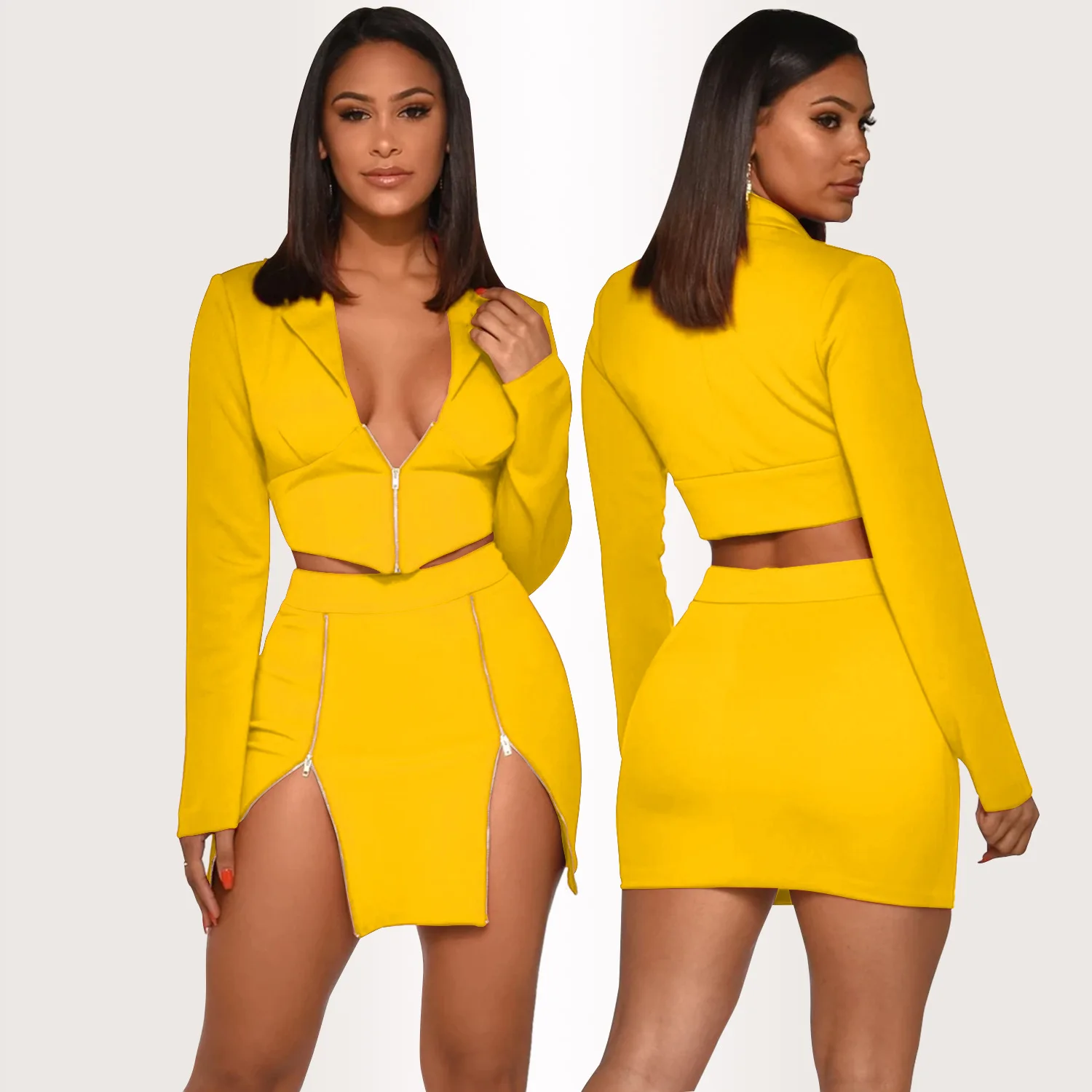Wholesale customized LOGO Sexy V-neck Color Crop Blazer Set Women Mini Skirt 2 Piece Suits