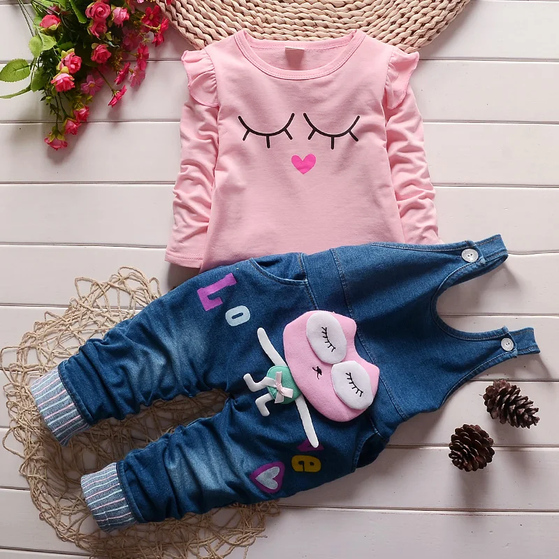 Fashion Casual Comfortable Cute Cartoon Long Sleeve T-shirt Denim Pants Kids Clothing Girl Wholesale Children Boutique Clothing
