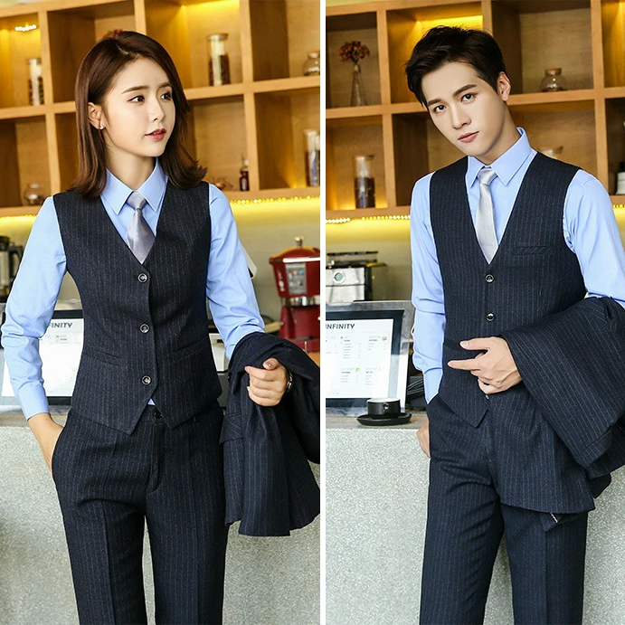 3 Piece Latest Style Women and Men Suit Design Business Stripe Slim Fit Women and Men Suit