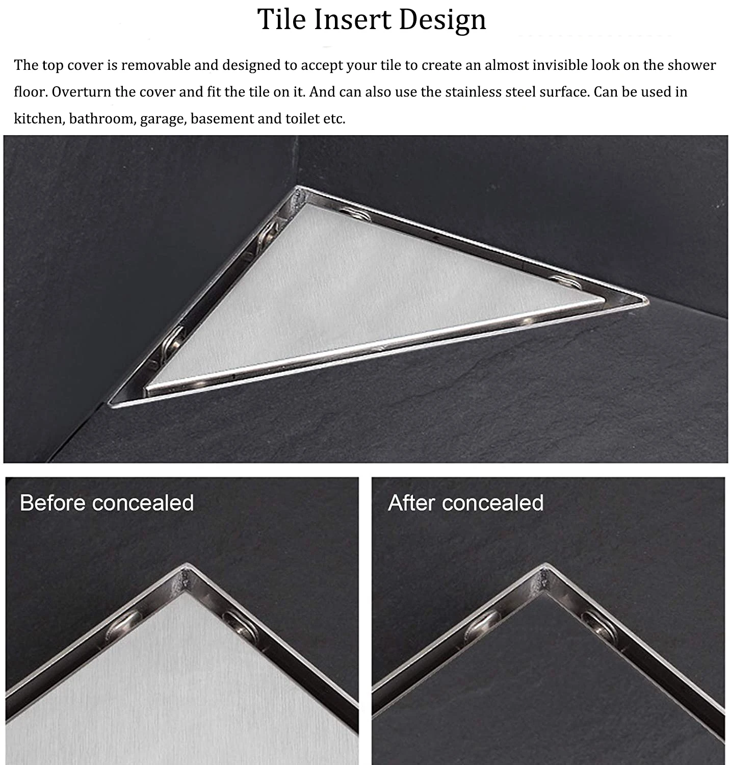 2 in 1 Tile Insert Grate Removable Cover Triangle 304 Stainless Steel Shower Drain Tile Insert Floor Drain