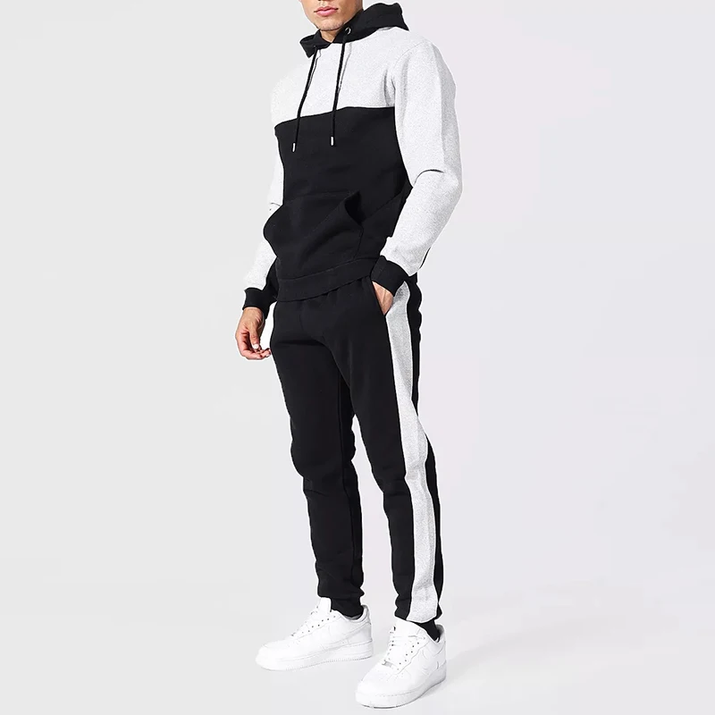Heavy Fashionable Premium 2 Pieces Retro Jogging Men Set Velour Man Roman Tape Colour Block Hooded Tracksuit