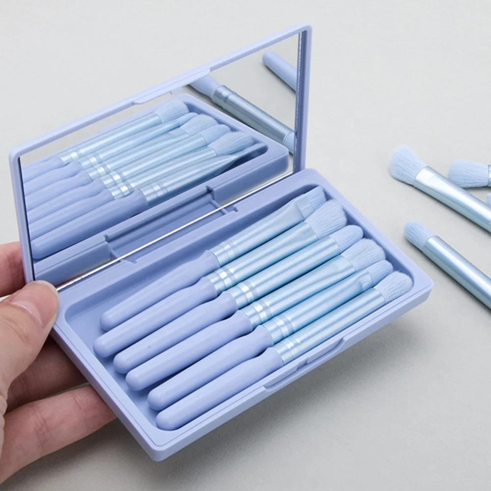 6 Pieces Eyeshadow Concealer Liner Lip Blue Wood Eye Brow Cute Designer Vegan Wholesale Pink Brushes For Make Up With Mirror Box