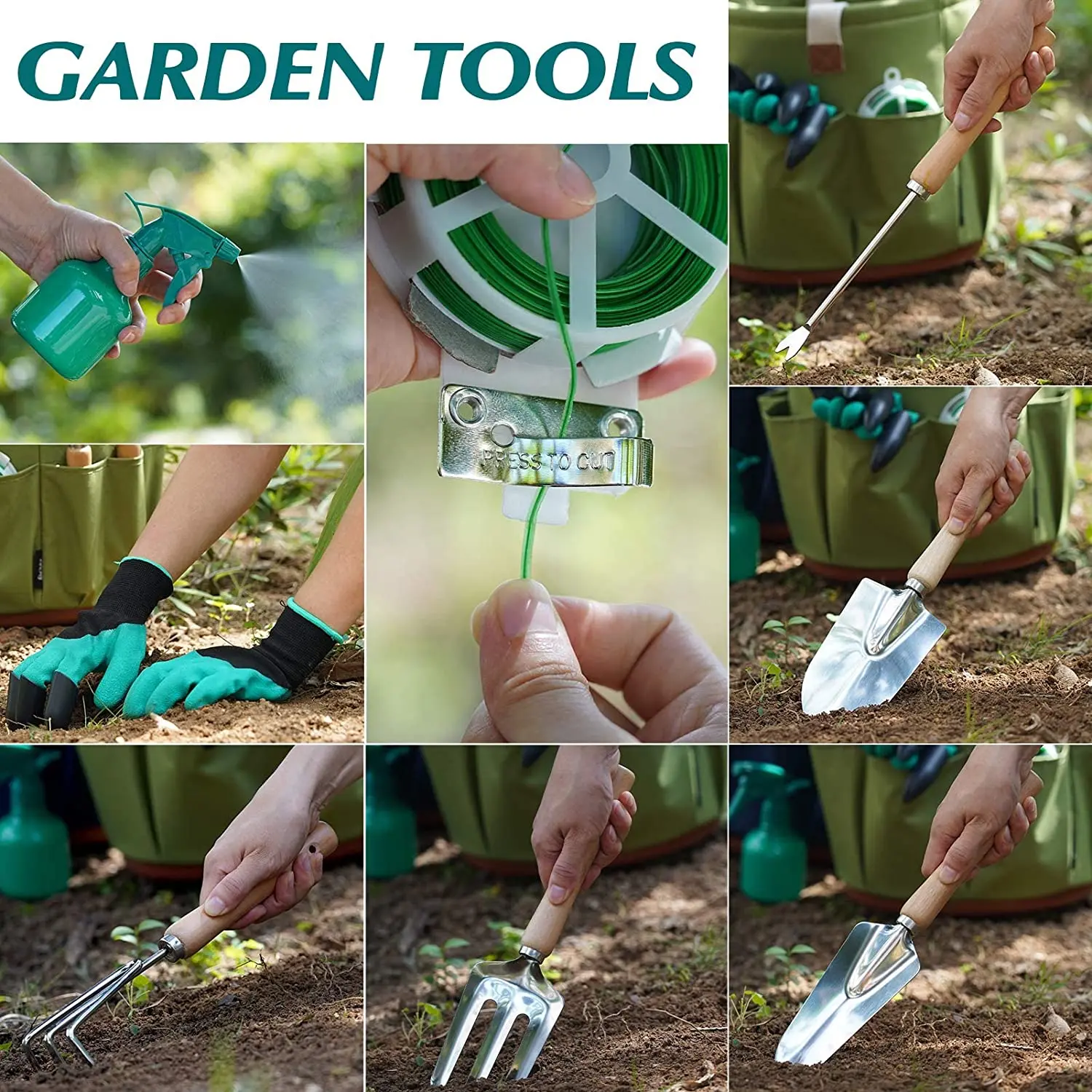 9 Pieces Garden Hand Tools Kit Include Weeder Rake Shovel Trowel Pickhoe Excavator Sprayer Clawed Gloves Tool Tote Bag