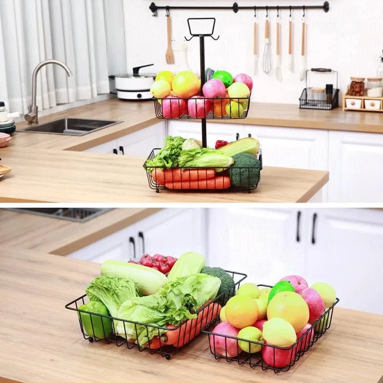 Detachable double metal fruit basket Countertop fruit drain basket with banana rack desktop snack storage basket