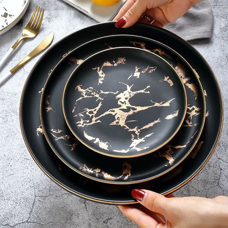 Wholesale Tableware Nordic Style Black Marble Design Dishes Round Ceramic Plates Sets Porcelain Dinnerware Flat Restaurant Plate
