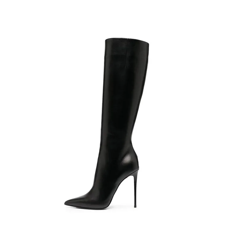 XINZI RAIN Wholesale Ladies Long Boots Custom Logo Pointy Toe Solid Black Color Leather Women Knee High Stiletto Boots