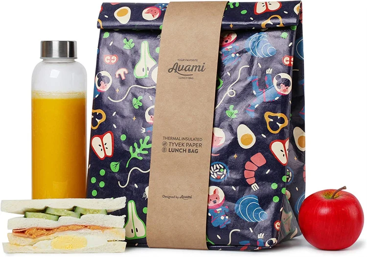 Reusable full color UV printing design tyvek custom lunch bag with gift sleeve for fruit food snack box with hidden buckle