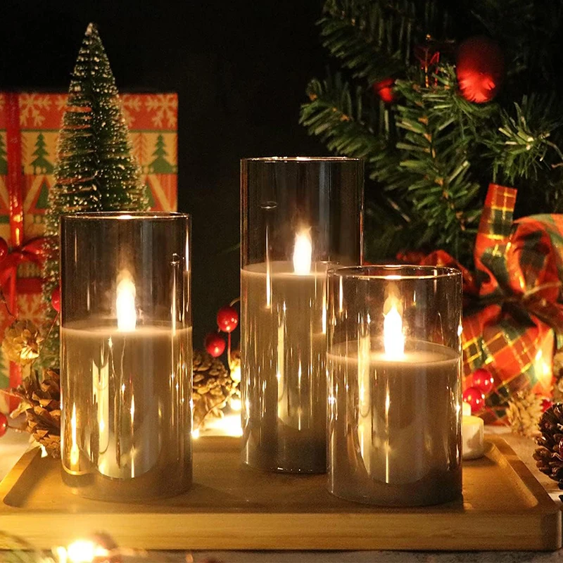 3pcs Set Gray Glass Battery Operated Flameless Led Candles with Remote and Timer Real Wax Candles Warm White Flickering Light
