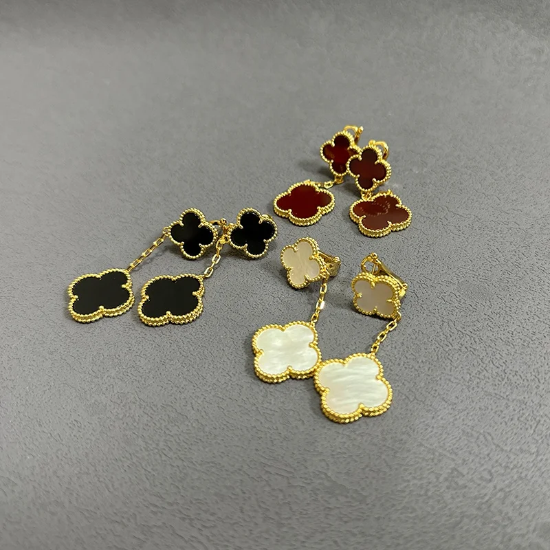 High quality s925 sterling silver 18K gold rose gold leaf two flower earrings women onyx mother ear clips factory wholesale
