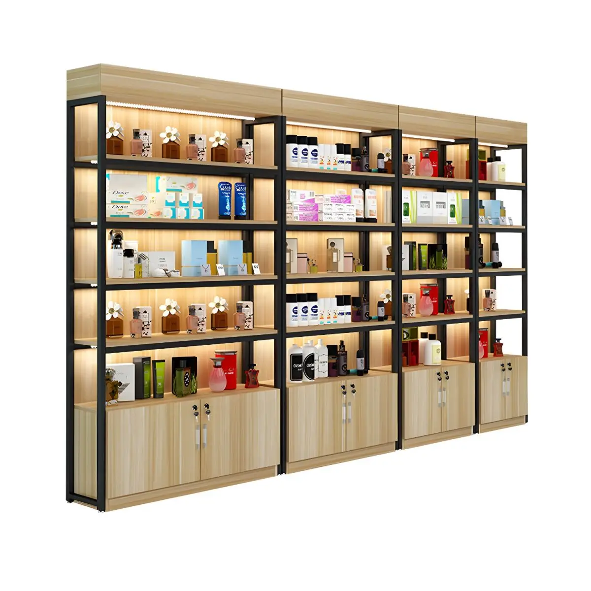 custom Supermarket wooden retail display shelving and metal cosmetic convenience grocery display cabinet stand for store