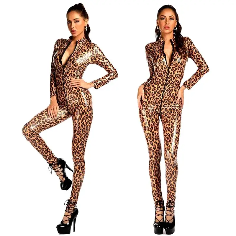 MOGlovers open crotch leather one piece jumpsuit sexy leopard print clubwear women