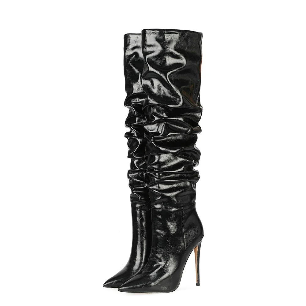 Hot Selling Sexy Stiletto High Heels Winter Women Slouch Boots Soft Black PU leather Ladies Pull-on Tube Thigh High Boots