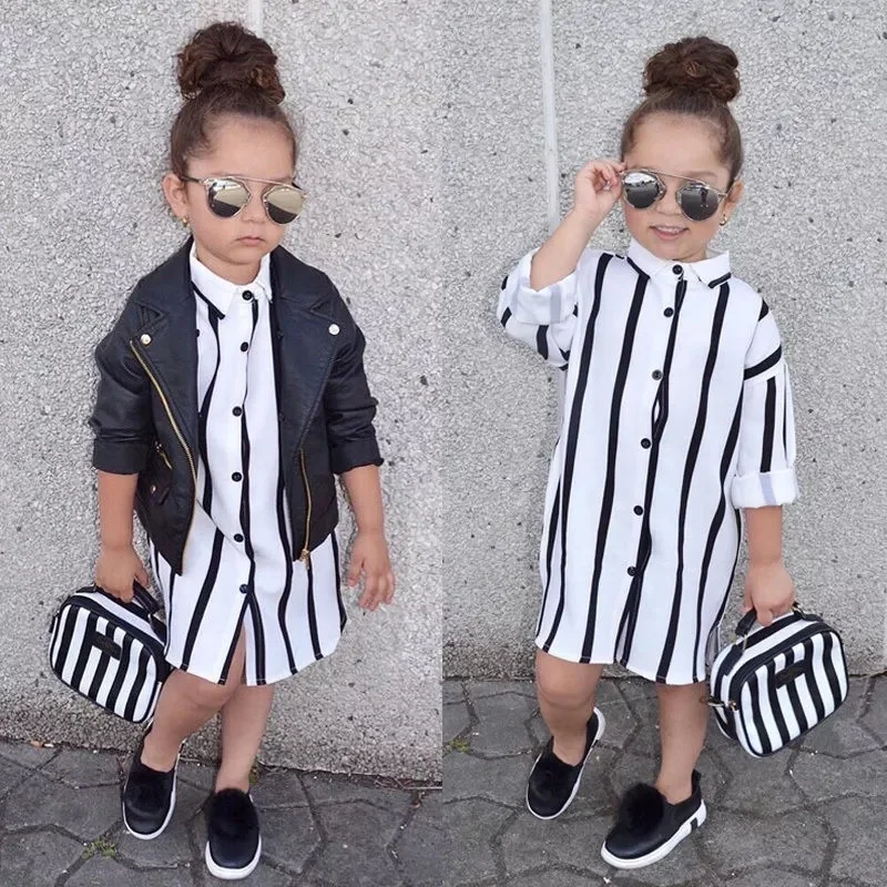 2021 Spring And Summer Girl Striped Dress Kid Long Sleeve Buttons Shirt Girls Dresses Toddler Clothes