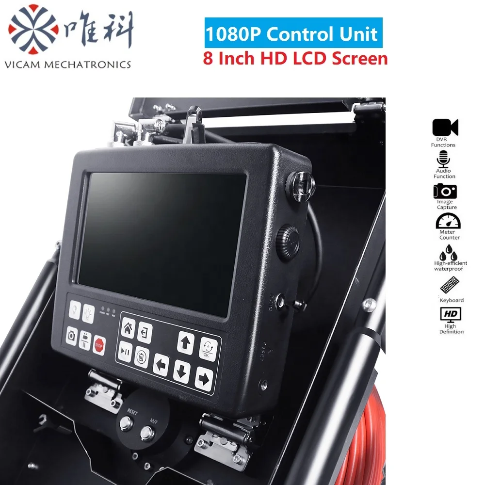 Vicam Portable 33mm 360 Rotation Sewer Camera 8 Inch Screen 1080P Pipe Inspection Camera 512Hz Sonde 30m Drain Pumbling Camera