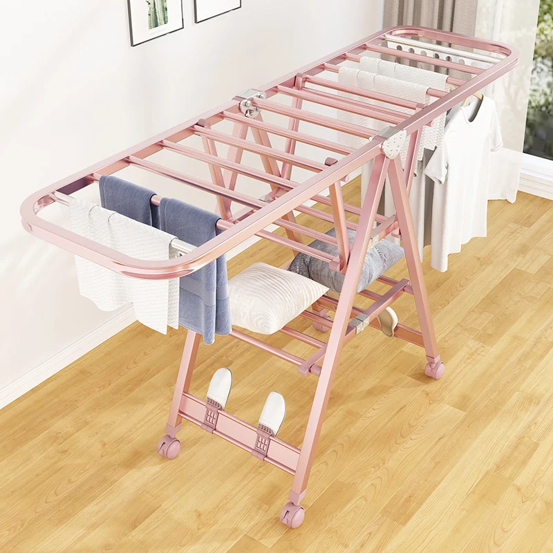 Balcony Outdoor Space Saving Foldable Stand Aluminium Alloy Clothes Drying Rack Hangers with Wheels