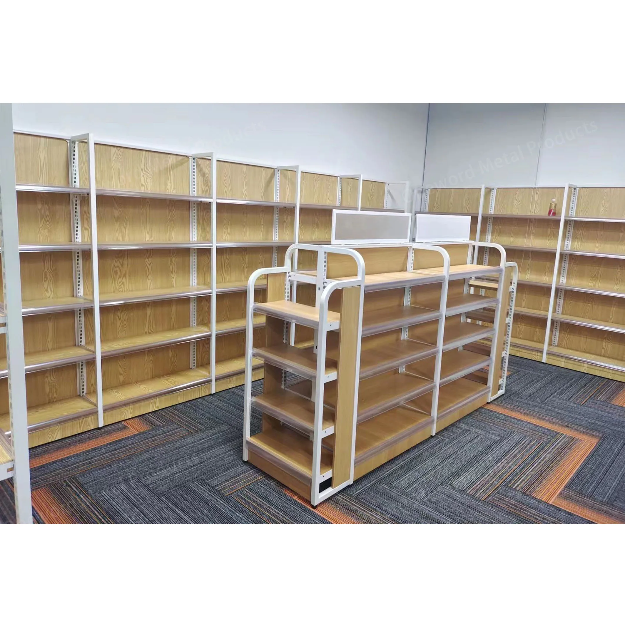 Customized Steel Wooden Supermarket Shelves Grocery Display Shelving Wood And Steel Racks Store Gondola For Sale
