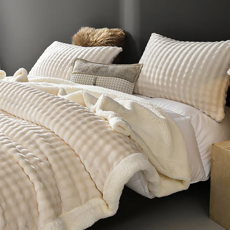 Wholesale Custom Cozy Ultra Soft Cloud Like Fluffy 100% Polyester Solid Double Layer Rabbit Fur Blanket