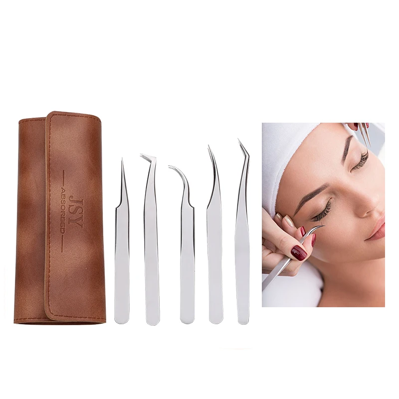 Factory Wholesale Popular Stainless Steel Titanium Coating 5 Pieces Eyelash Extension Tools Set with PU Leather Case