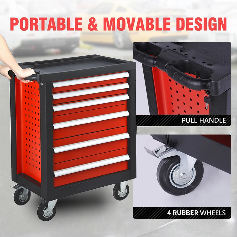 European Market Hot Sale 6 drawers tool cabinet professional box with rubber wheels For Garage Workshop