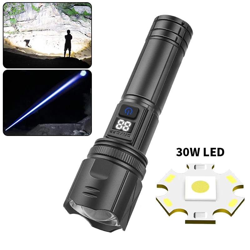 800m Super Bright Long Range Flashlight with 30W LED Type C USB Charging 5 Modes Zoomable Outdoor Emergency Torch