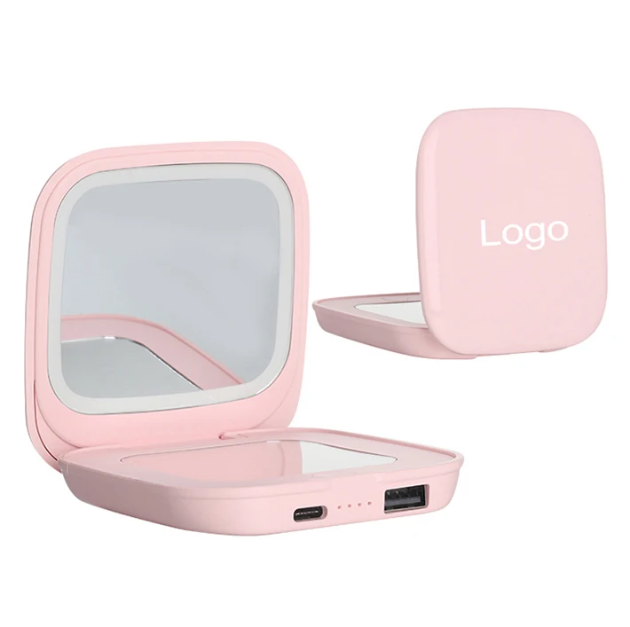 Производство на заказ, квадратные Розовые складные компактные зеркала для туалетного столика, светодиодные лампы по краю с подсветкой