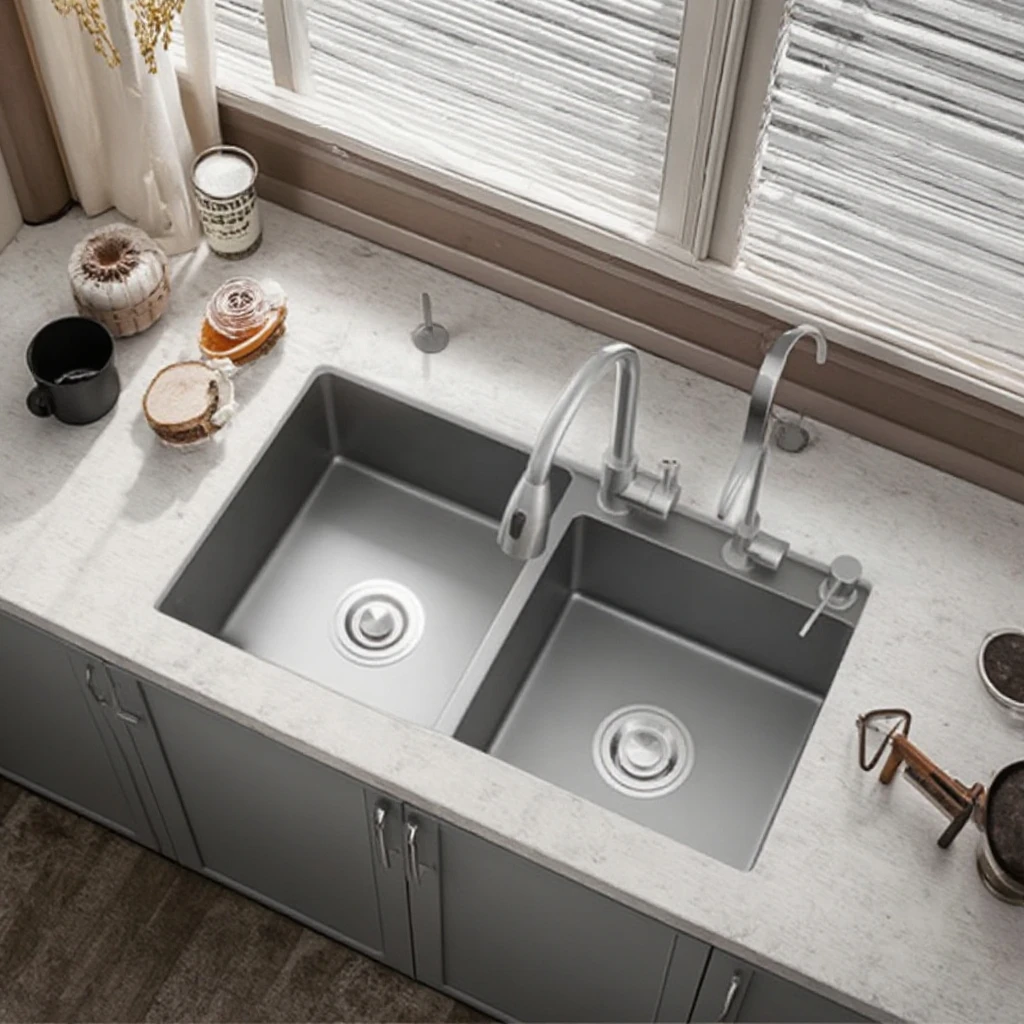 Modern Portable Double Bowl 304 Stainless Steel Kitchen Bathroom Sink Rectangular Shape Two Counter Faucet Cheap Undermount