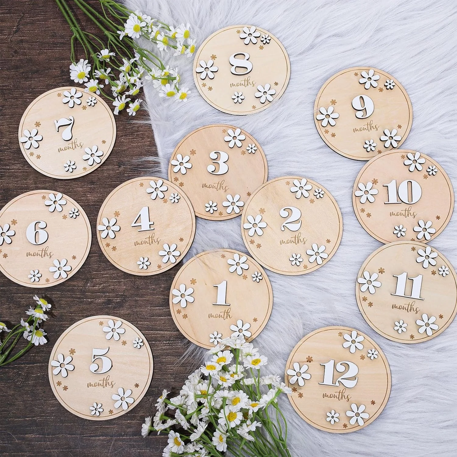 Boho 3D Daisy Wooden Marker Discs Baby Pregnancy Growth Photo Prop  Wooden daisy Flower Milestone Disc