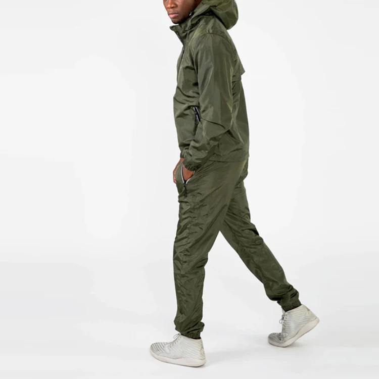 wholesale men unisex windbreaker sweatsuit jogger tracksuit custom logo reflective nylon pants plain two pieces set