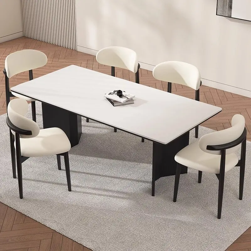 Synthetic marble top dining room furniture six ten eight chairs modern rectangle  2 stable pedestals slate dinner tables