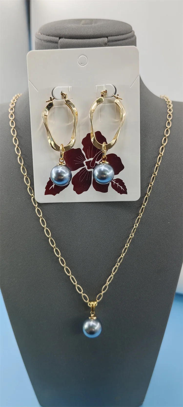 Fashion Hawaiian jewelry wholesale pearl thick hoop earrings necklace set