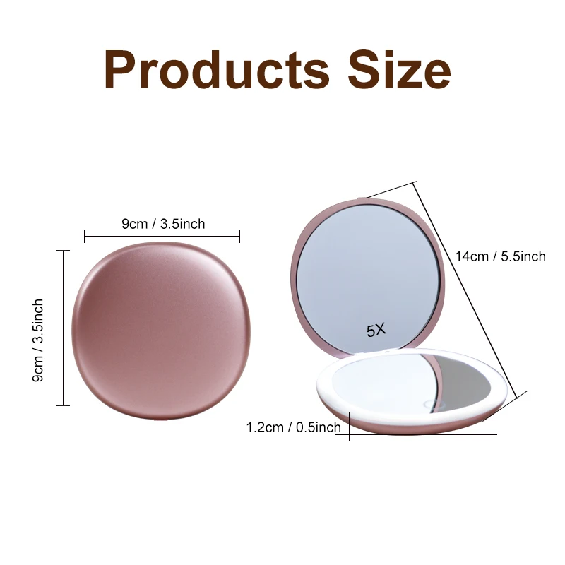 abs plastic travel makeup folding pink small pocket cosmetic mirror led