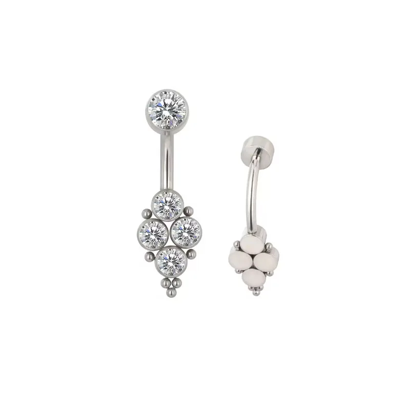 14GA F136 Implant Grade Titanium CZ Crystal Lined Hinged Curved Bar Belly Button Ring rectangle