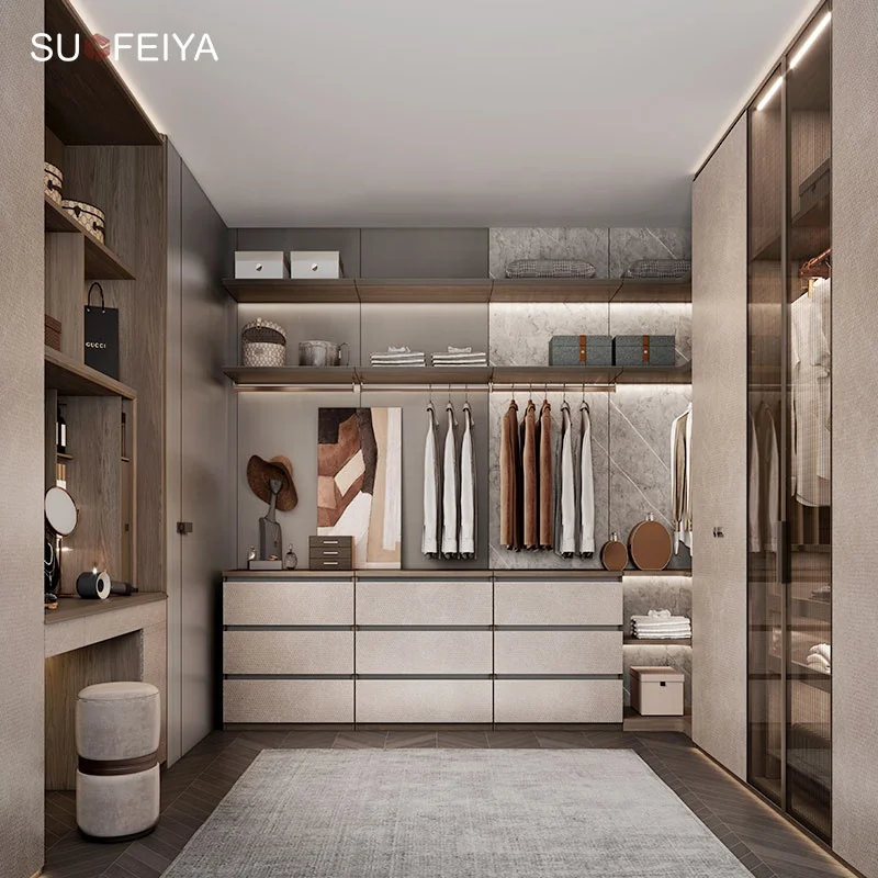 SUOFEIYA Whole House Customized Design Luxury Gray Minimalist U Shaped MDF Walk in Closet Wardrobes