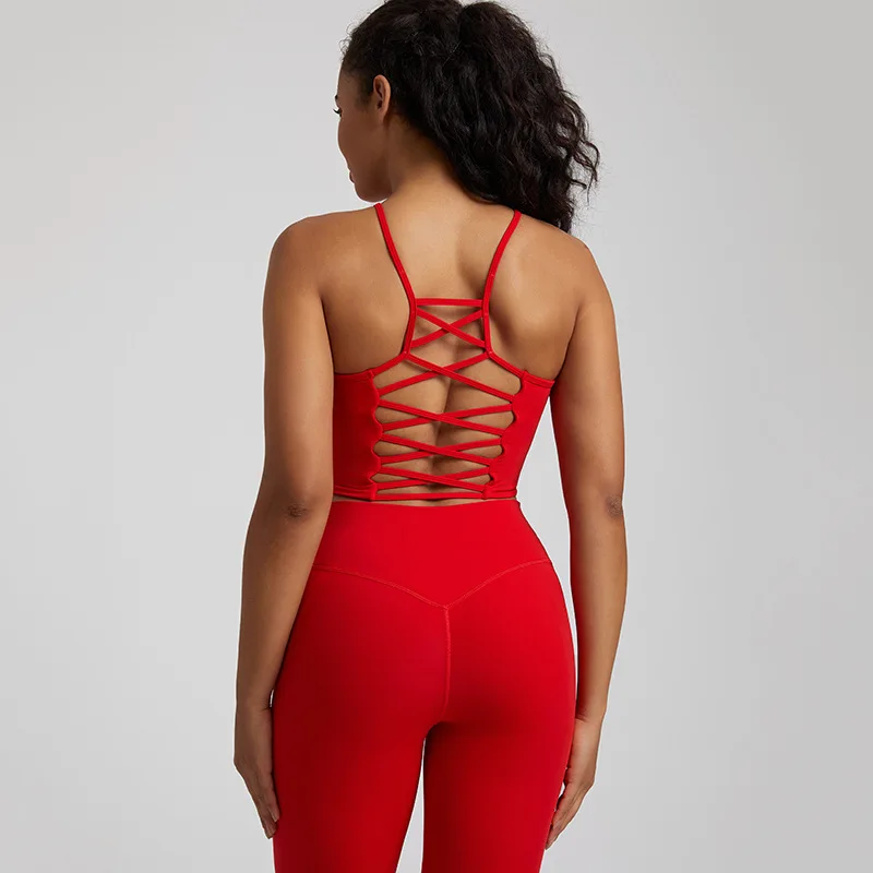 Wholesale Super Soft Nude Fabric Back Hollow Out Cross-strap Yoga Crop Top Gym Wear Fitness Workout Top Sports Bra For Women