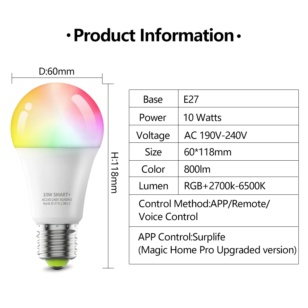 Manufacturer Wholesale RGB Smart LED Light Bulb A19 E26 E27 9W 10W Bluetooth Switch WiFi APP Voice Control Bedroom Living Room
