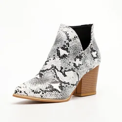 Women New Comfortable Snake Leopard Print Thick Heel Boots Pointed Boots