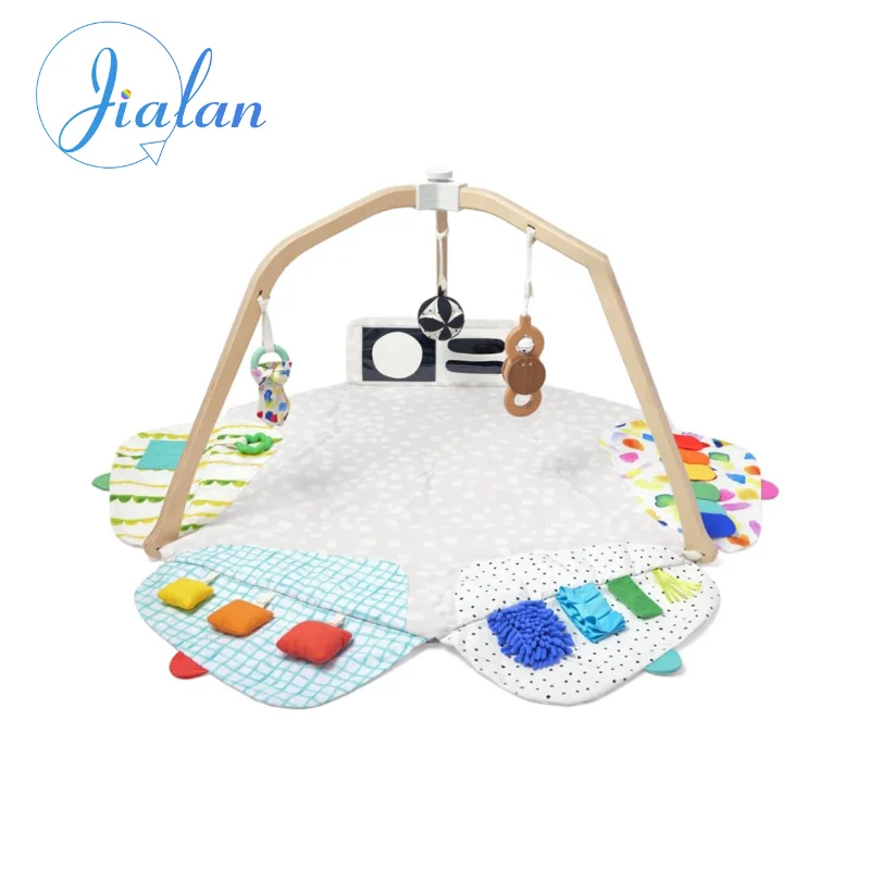 Multifunctional easy to assemble 5 in 1 thick plush baby play gym floor baby play activity awakening mat  hanging toys