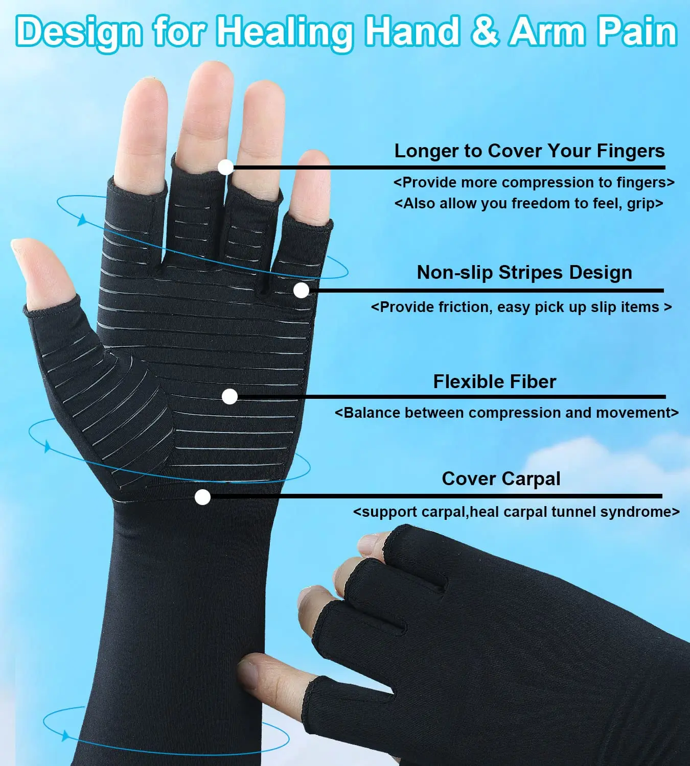 Fingerless Support Hands Wrist And Arms Copper Fiber Compression Therapy Arthritis Long Gloves For Computer Typing
