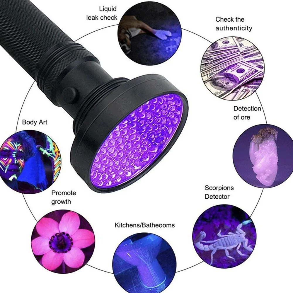 18W 395nm UV Black Light Torch Pet Urine Scorpion Detectors 100 UV LED Flashlight